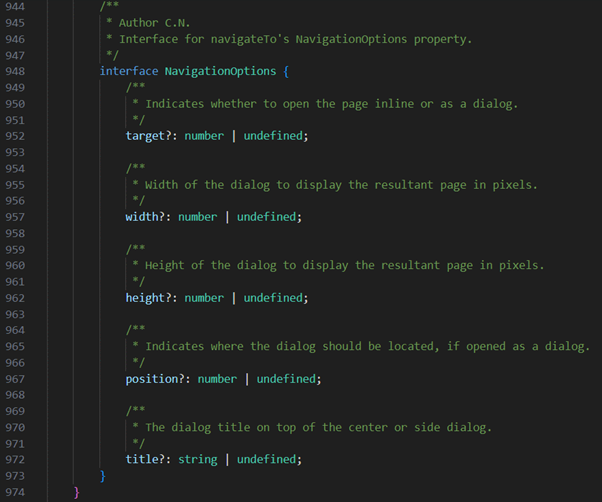 NavigationOptions interface added to the component framework typings