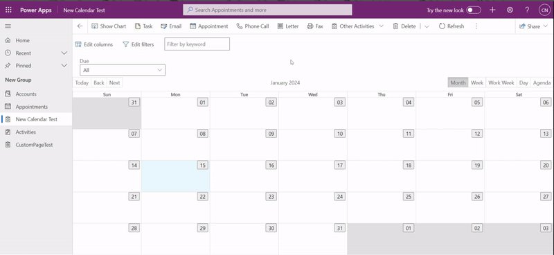 Animated demonstration of a model-driven app opening a custom page when a calendar cell is selected